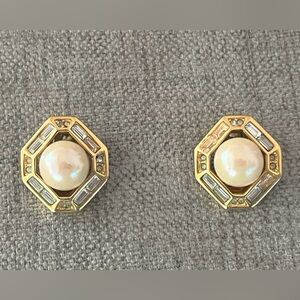 Vintage Christian Dior Round Pearl Rhinestone Hollow Octagon Gold Clip Earrings